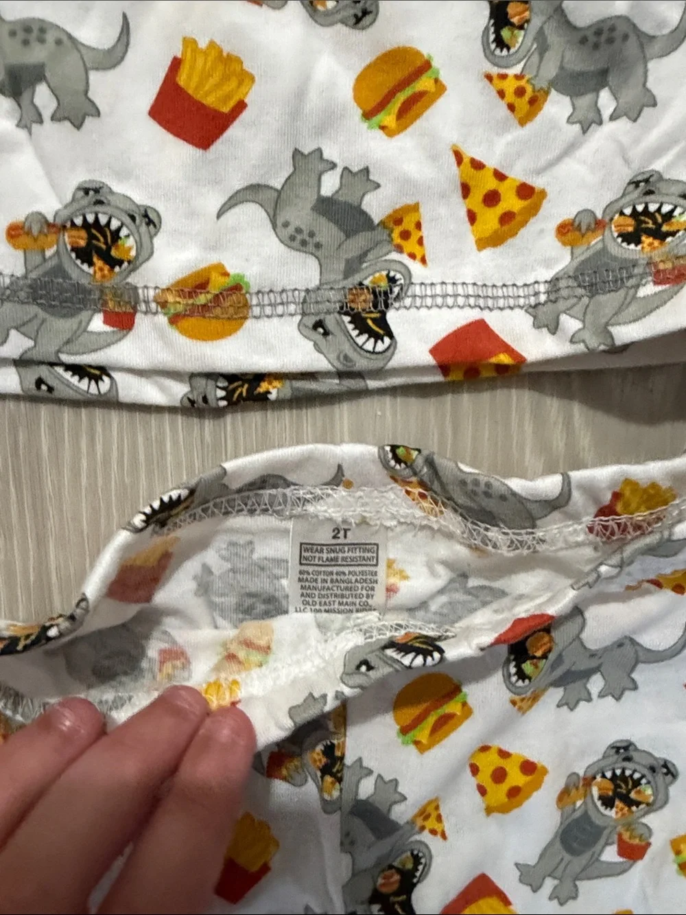 Kids White and Gray Pizza & Dinosaur Print Pajama Set